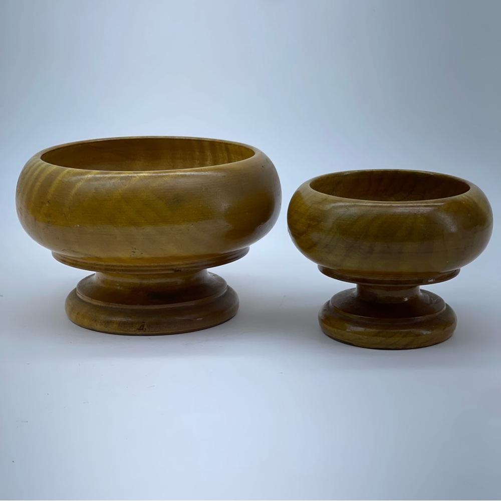 Wood Pedestal Bowl Set of 2 Footed Hand Turned Rustic Cabin Boho Farmhouse